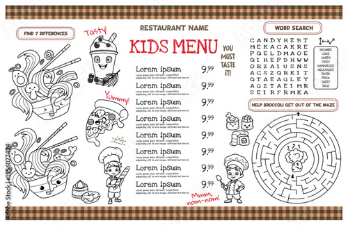 Template kids menu for restaurants. Placemat with interesting tasks for children. 17x11 inch printable vector file