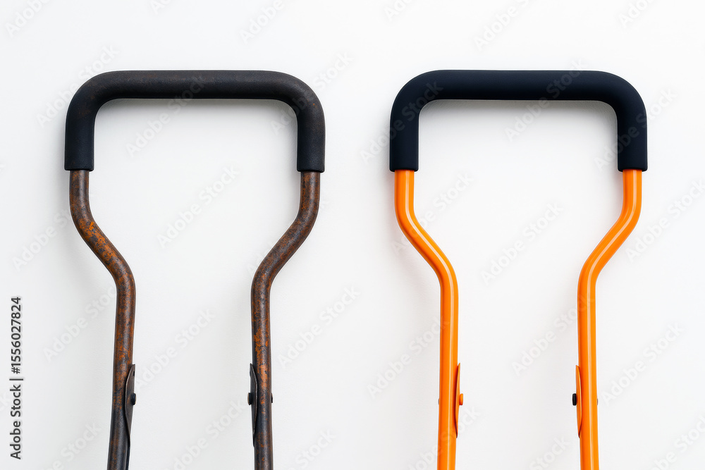 Side-by-side comparison of an old, rusty metal handle and a new, clean orange handle, illustrating aging and replacement. Side-by-side comparison of an old, rusty metal handle and a new, clean orange handle, illustrating aging and replacement.