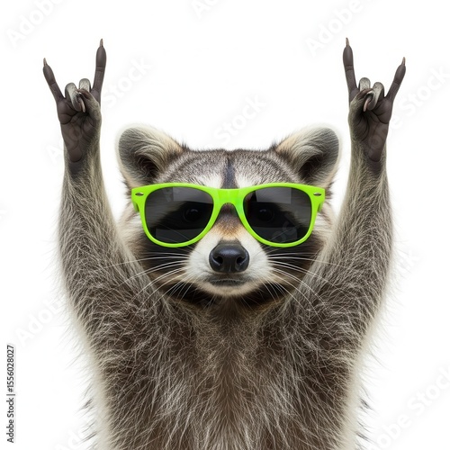 Funny raccoon wearing green sunglasses doing rock and roll sign on white background