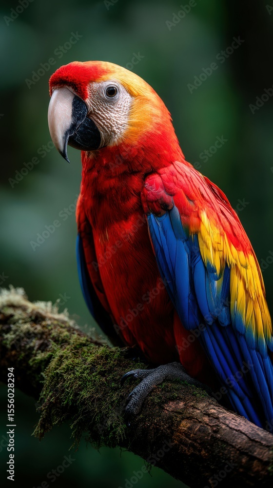Naklejka premium Scarlet macaw perched on a mossy branch in Costa Rica