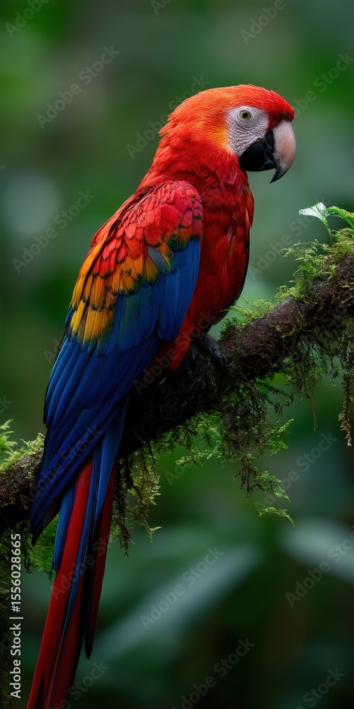 Fototapeta premium Scarlet macaw perched on a branch in Costa Rica rainforest