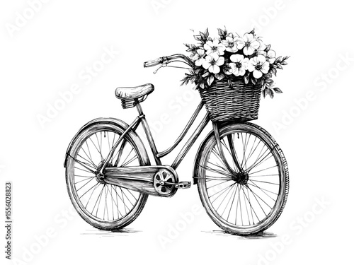 Hand-drawn vintage bicycle basket engraving, spring floral design, garden motif, seasonal travel decor, old engraving style, trendy rustic artwork, countryside charm, classic spring icon