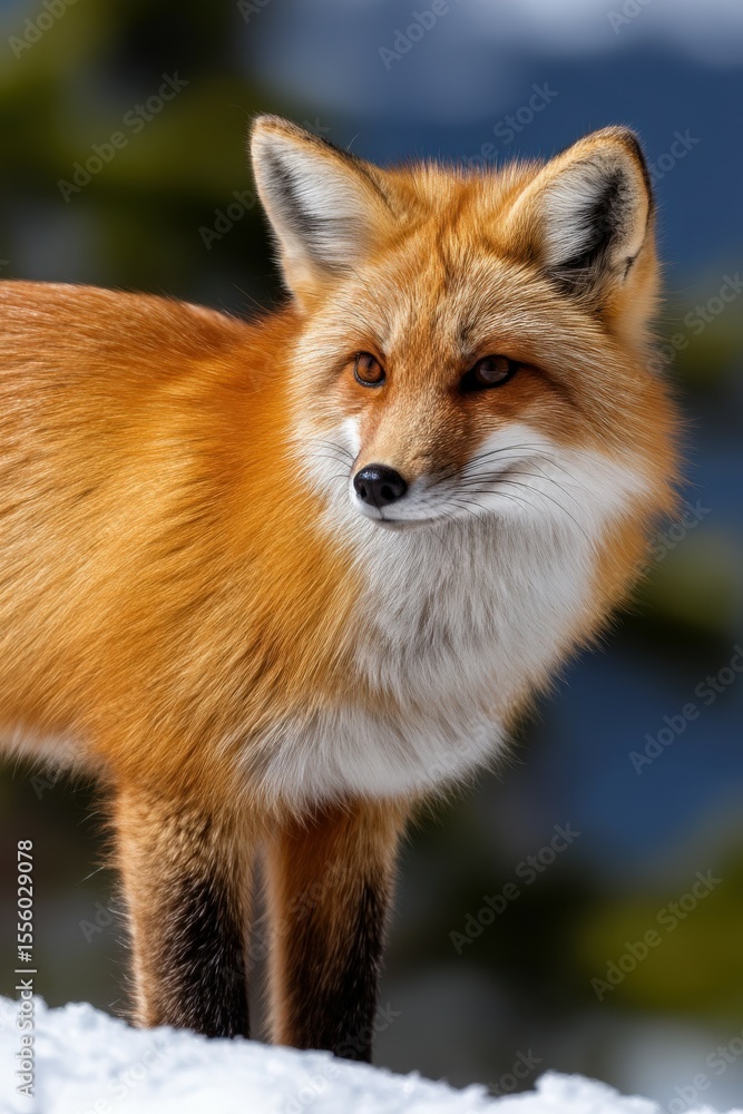 Fototapeta premium Portrait of beautiful red fox standing on snow covered ground