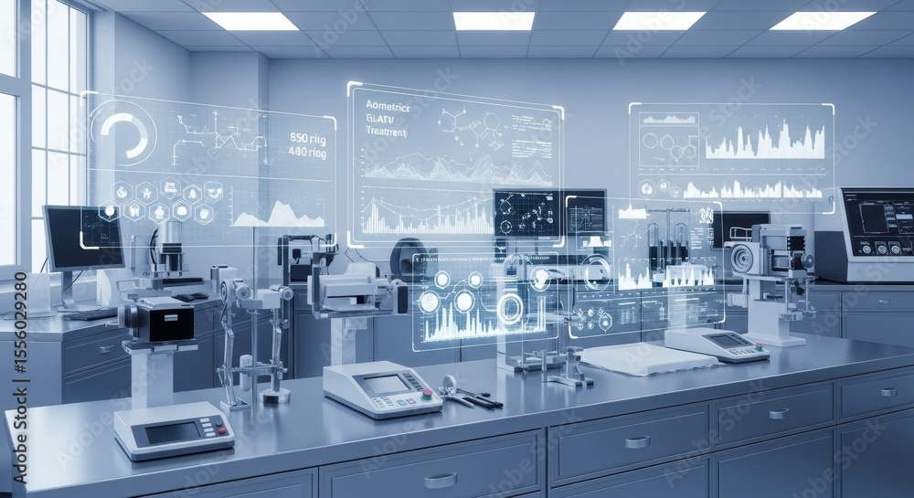 Advanced Research Laboratory with Futuristic Data Visualizations and Scientific Equipment for Innovation and Discovery Advanced Research Laboratory with Futuristic Data Visualizations and Scientific Equipment for Innovation and Discovery
