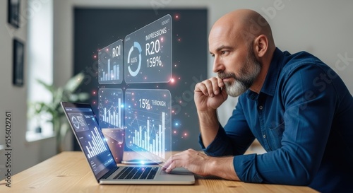 Man working with advanced data visualization on a holographic display and laptop showcasing business analytics and financial performance metrics