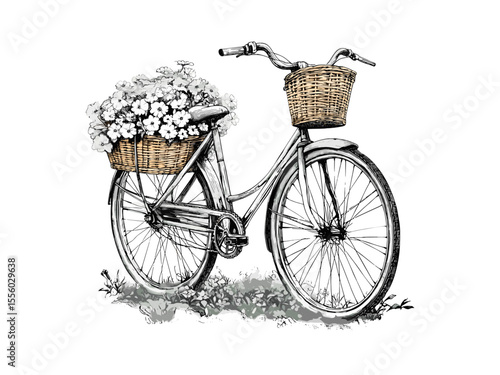 Vintage spring floral bicycle basket engraving, hand-drawn sketch style, garden motif, seasonal travel decor, old engraving style, trendy springtime icon, rustic outdoor charm, classic nature art