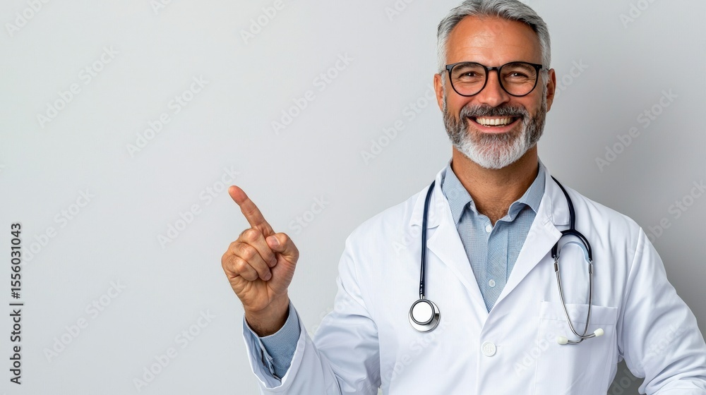 Happy doctor points upward in studio shot Happy doctor points upward in studio shot