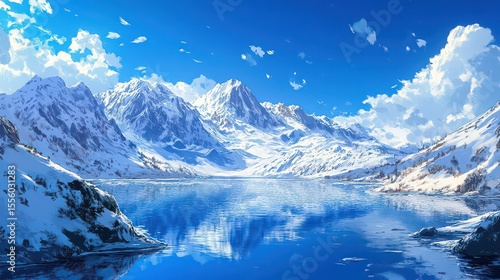 Wallpaper Mural A scenic view of a calm lake reflecting snow capped mountains under a bright blue sky with clouds Torontodigital.ca