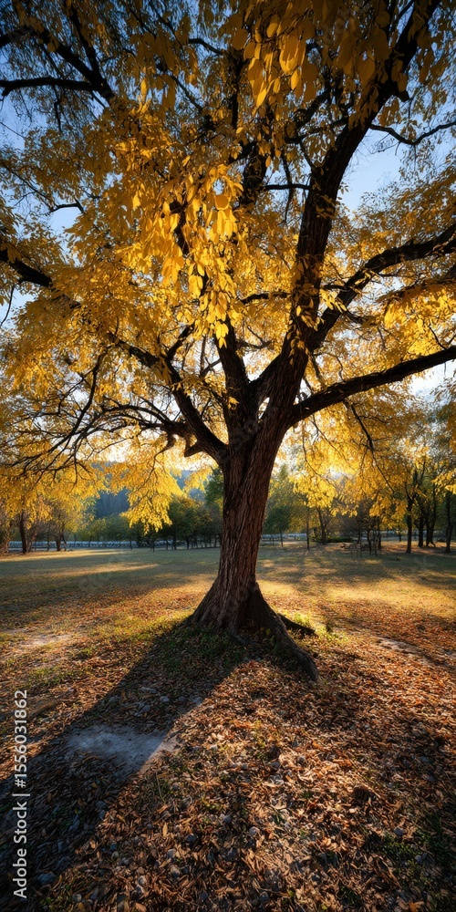 Naklejka premium Tree with yellow leaves in open field during Autumn in Maryland