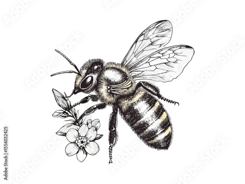 Spring honeybee vintage engraving, pollinator flower sketch, retro hand-drawn garden decor, black line art, old style nature illustration, trendy insect design, floral etching
