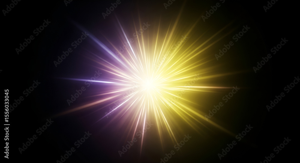 Fototapeta premium Dynamic Light Burst A dazzling explosion of radiant energy with vibrant yellow and purple rays emanating against a deep black backdrop, creating a captivating and abstract visual effect