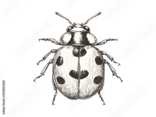 Spring ladybug engraving, vintage insect illustration, black line drawing, retro garden decor, old engraving style, hand-drawn sketch, delicate insect art, floral pattern, rustic design