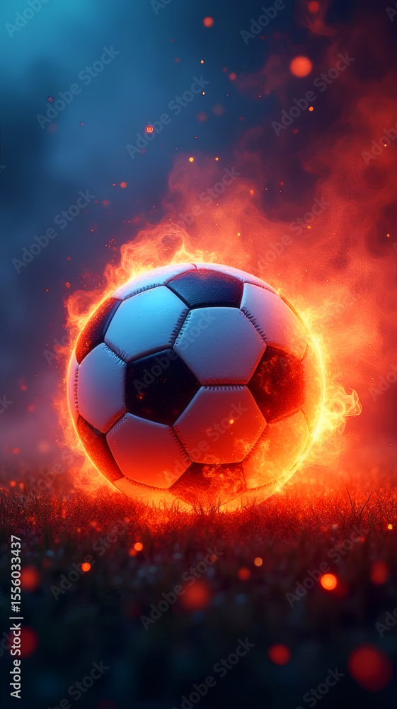 Fototapeta premium Phone Wallpapers, Mobile Backgrounds, Smartphone Wallpaper, Fiery Soccer Ball In Goal In red and blue Flames, soccer ball in red and blue flames and smoke light background. creative sport wallpaper