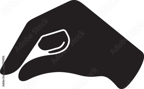 A hand tilted downwards with thumb and forefinger pinched, as if sprinkling salt, seeds, or magic dust vector silhouette art on white background
