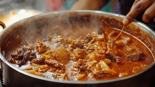 Spicy meat stew simmering in a large pot