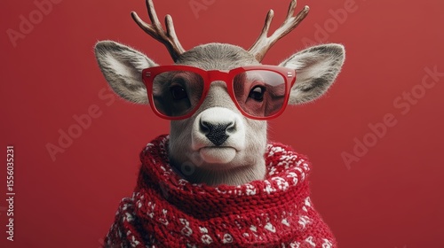 Festive reindeer with red glasses and cozy scarf for Christmas season