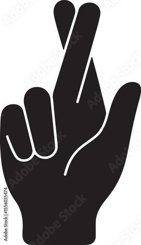 A side profile silhouette showing the middle finger clearly crossed over the index finger for good luck vector silhouette art on white background