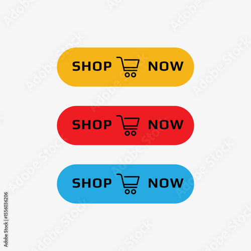 Shop now icon buttons. Buy now button for online shop. Set of shop now buttons with cart icon. Call for action buttons. Modern colorful buttons design