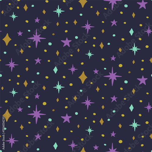 Seamless pattern with purple stars on dark blue background. Bohemian celestial wallpaper.