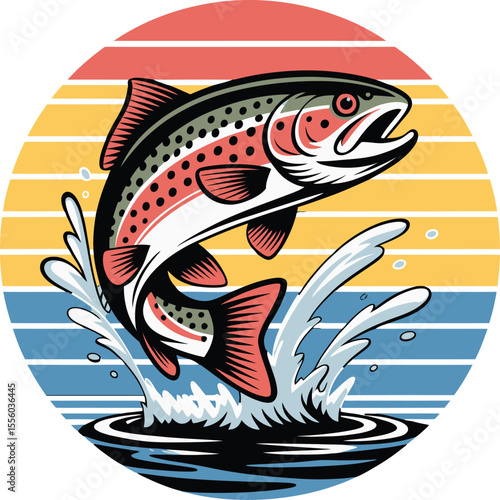 Stylized rainbow trout leaping from water against a retro sunset background