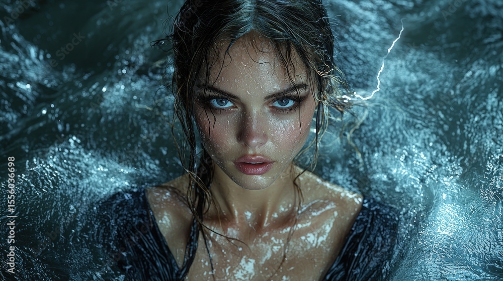 Fototapeta premium Enigmatic beauty amidst water: captivating portrait of a woman in motion
