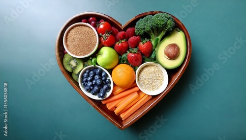 a vibrant photo showcasing a heartshaped bowl filled with nutritious diet foods including fresh fruits vegetables and whole grains promoting heart generative ai