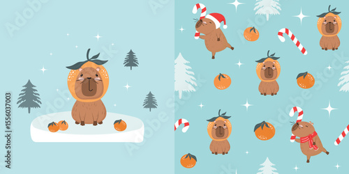 Winter, festive children's background and seamless pattern with funny capibaras and tangerines. Vector design for fabric, wallpaper, wrapping paper, and more.