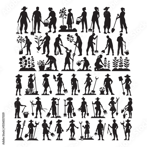 set of black various gardening people vector silhouettes isolated on white background