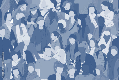 Seamless pattern with monochrome blue crowd of different people, men and women. Diversity concept. Pedestrians at rush hour walking. Vector illustration.