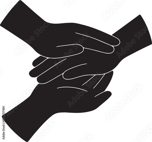 The profile of three or four hands stacked on top of each other in a huddle vector silhouette art on white background