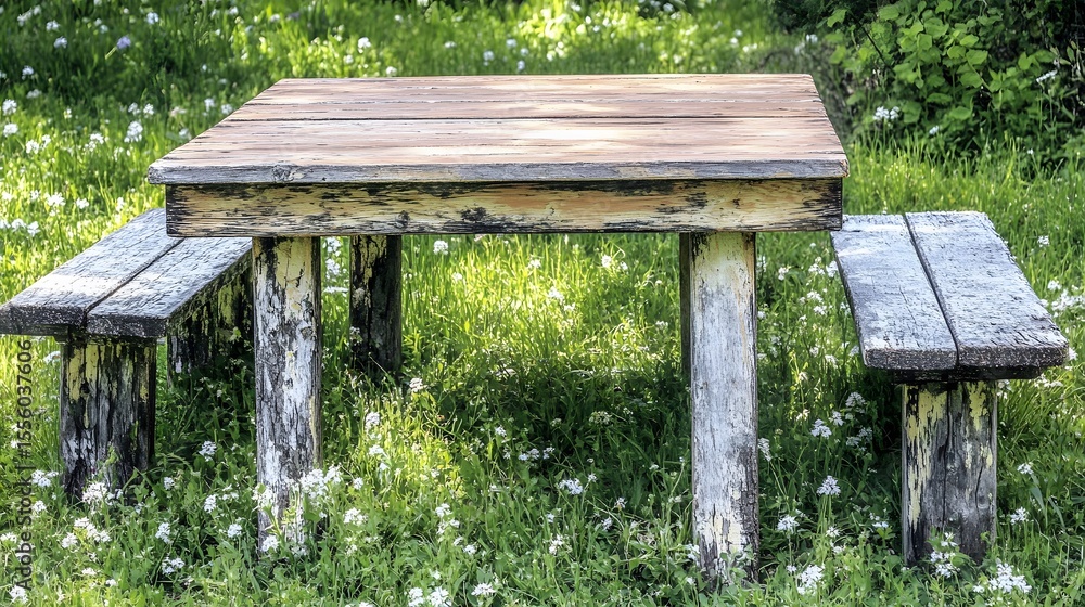 Naklejka premium Rustic Wooden Picnic Table Set in Sunny Meadow