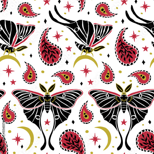 Cream and teal seamless pattern with celestial luna moth and paisley motif. Stars and moons boho wallpaper. Nocturnal butterfly background.