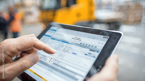 Logistics manager using tablet to check inventory in warehouse