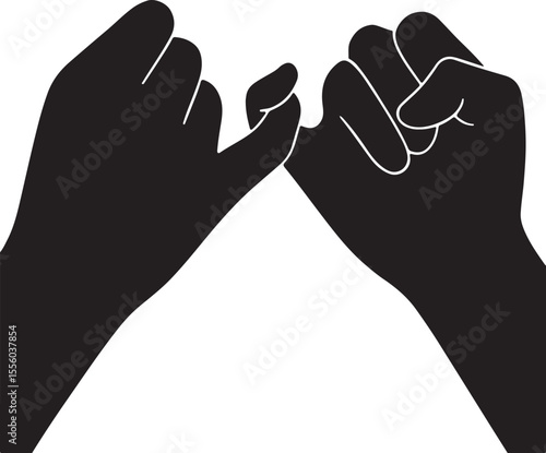 The unique and recognizable silhouette of two hands locked by their pinky fingers vector silhouette art on white background