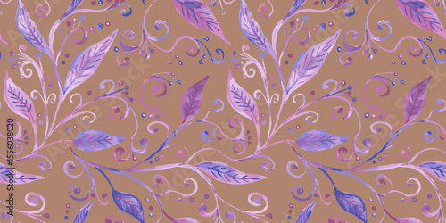 Watercolor style abstract botanical seamless pattern with purple foliage and swirls on brown background. Floral repeat wallpaper with painted leaves.