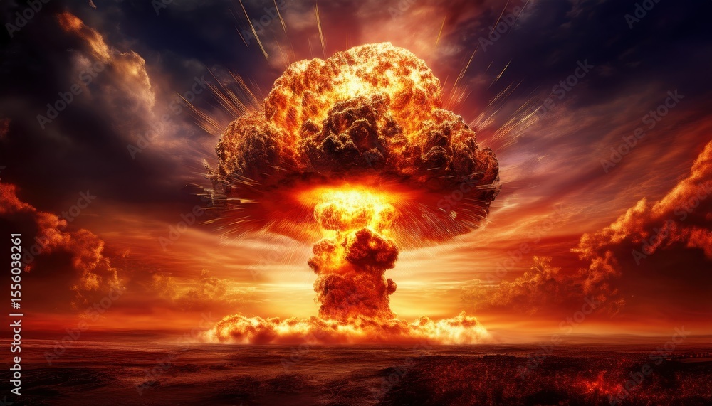 Fototapeta premium glowing nuclear explosion mushroom cloud at sunset with fiery plasma burst and ash plume over barren battlefield under dramatic red and orange stormy sky