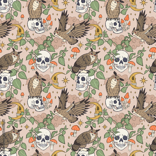 Seamless pattern with hand drawn inky eagle owls sitting on human skulls. Celestial Skeleton heads with predator birds in forest foliage repeat background. Night sky with crescents and stars wallpaper