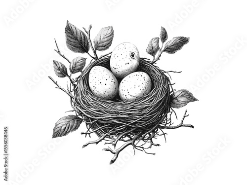 Spring robin in nest, old engraving black sketch, vintage floral eggs design, hand-drawn seasonal nature art, retro decor wildlife icon, antique bird drawing, nature etching,