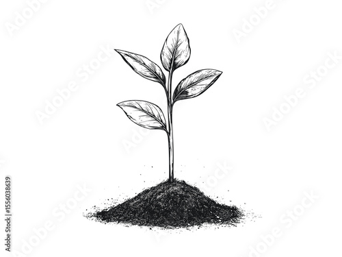 Engraved spring sprout sketch, vintage soil motif, garden planting icon, hand-drawn seasonal style, classic nature emblem, rustic farm concept, traditional botanical illustration,