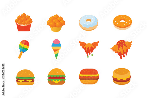 Selection of popular fast food items and drinks Color Vector illustration