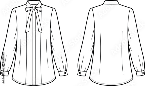 Elegant Women's Blouse Flat Sketch: Pussy-Bow Tie Neck, Long Sleeves with Cuffs, and Button-Front Design, Apparel Template