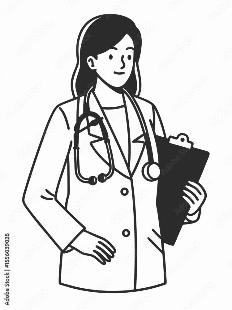 Professional Female Doctor with Stethoscope and Clipboard Illustration Professional Female Doctor with Stethoscope and Clipboard Illustration