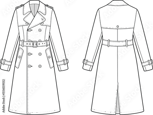Classic Double-Breasted Trench Coat Flat Sketch: Timeless Design with Belt, Storm Flap, and Epaulets, Technical Fashion Illustration