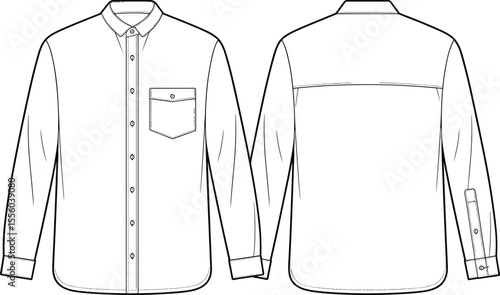 Men's Classic Long Sleeve Button-Down Shirt Flat Sketch: Casual Design with Chest Pocket and Buttoned Cuffs, Apparel Template