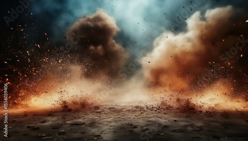 intense battlefield explosion impact with rising debris, dense smoke clouds, and fiery dust bursts on cracked ground for dramatic design or war themed composition


