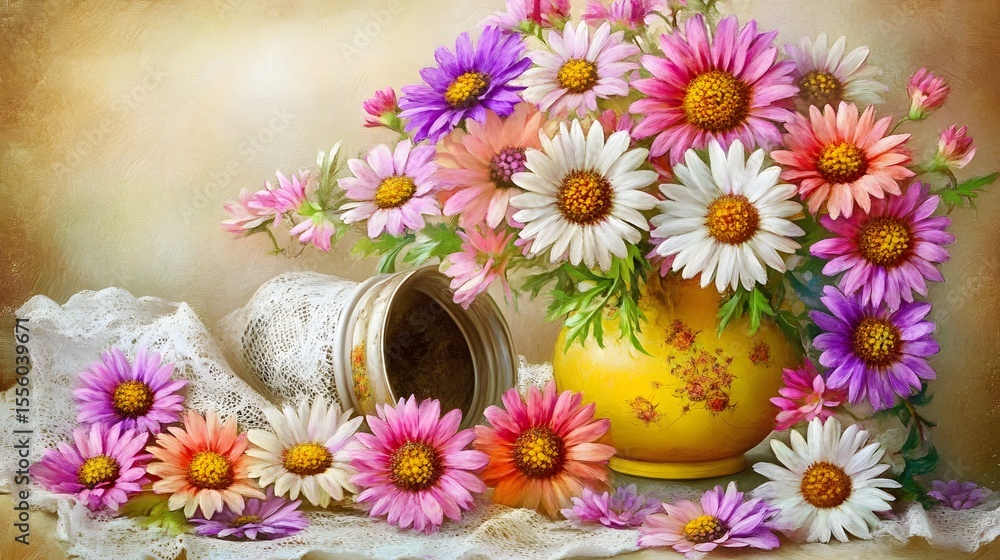 Obraz premium Vibrant Daisy Bouquet in Vintage Vase Still Life Painting