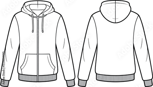 Unisex Full-Zip Hoodie Flat Sketch: Classic Design with Drawstrings, Kangaroo Pocket, and Ribbed Cuffs, Apparel Technical Fashion Illustration