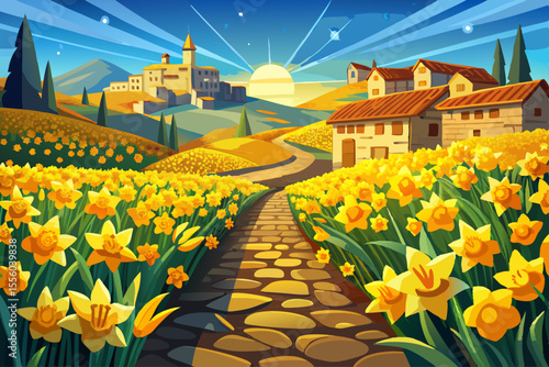 vector of A field of yellow narcissus flowers, which is lively and among the flowers, beautiful cobblestones that shine in the sunlight, and at the end of it, a village can be seen.