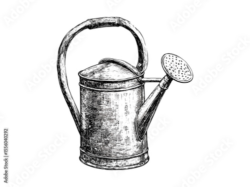 Spring watering can engraving, vintage seasonal garden tool, black sketch illustration, hand-drawn style, flower care decor, old engraving style, trendy garden art, botanical line art