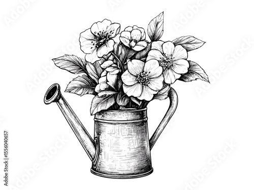 Seasonal garden tool, spring watering can engraving, vintage hand-drawn black sketch, flower care decor, old engraving style, trendy floral garden illustration, rustic gardening art